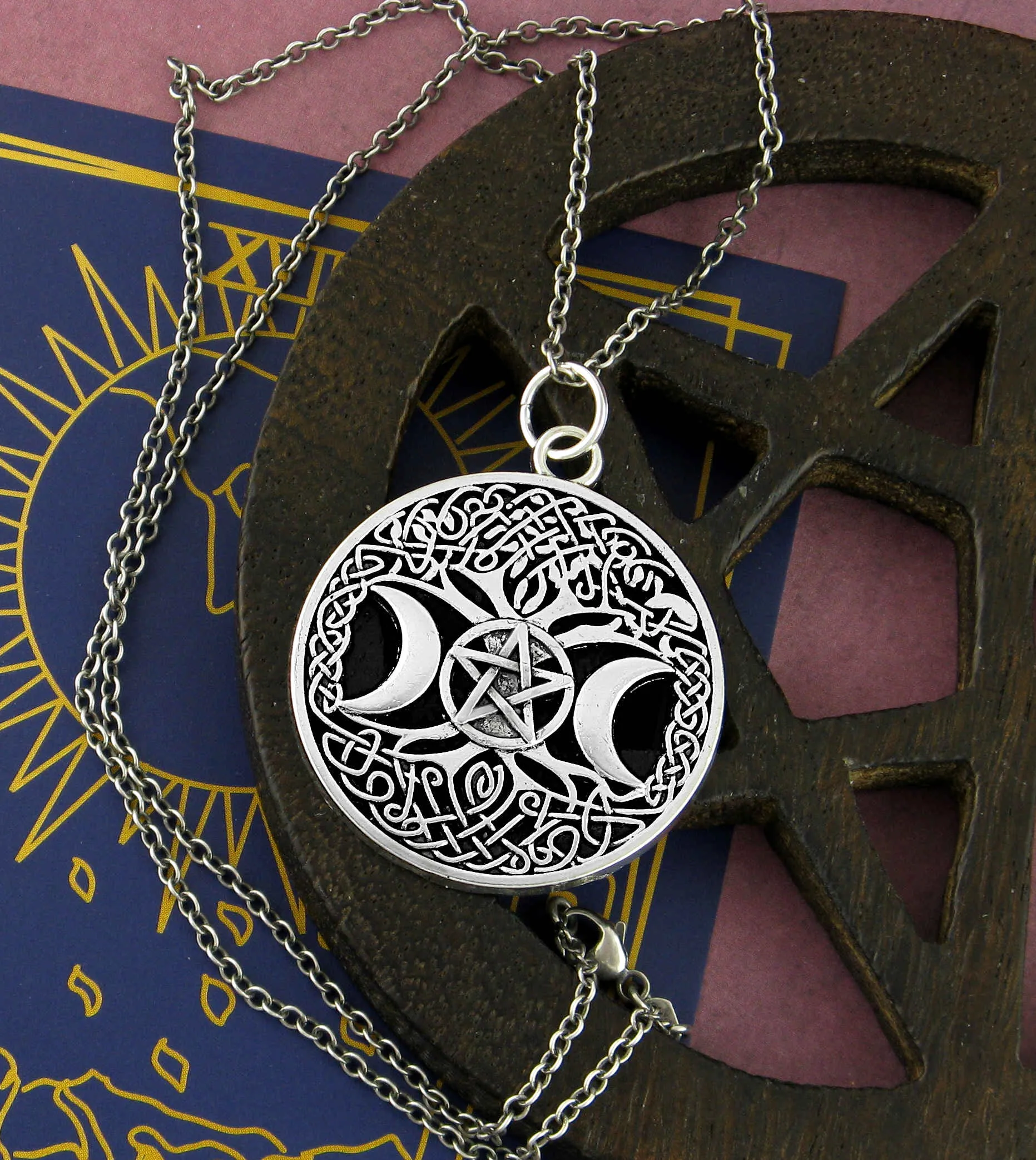 Celtic Tree of Life With Triple Moon and Pentagram Pewter Amulet Pendant