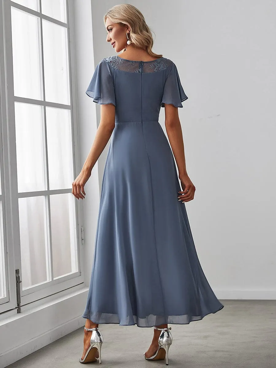 Chiffon Ruffle Sleeves Asymmetrical Hem Mother of the Bride Dress