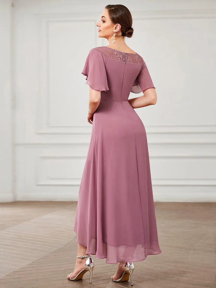 Chiffon Ruffle Sleeves Asymmetrical Hem Mother of the Bride Dress