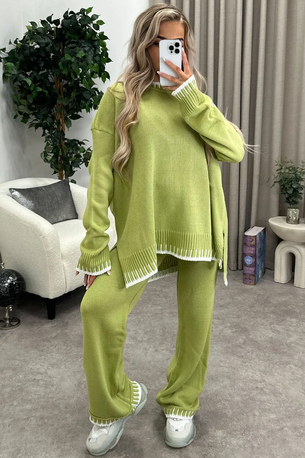 Cloe Lime Green Contrast Trim Knitted Jumper and Wide Leg Trousers Co-Ord Set