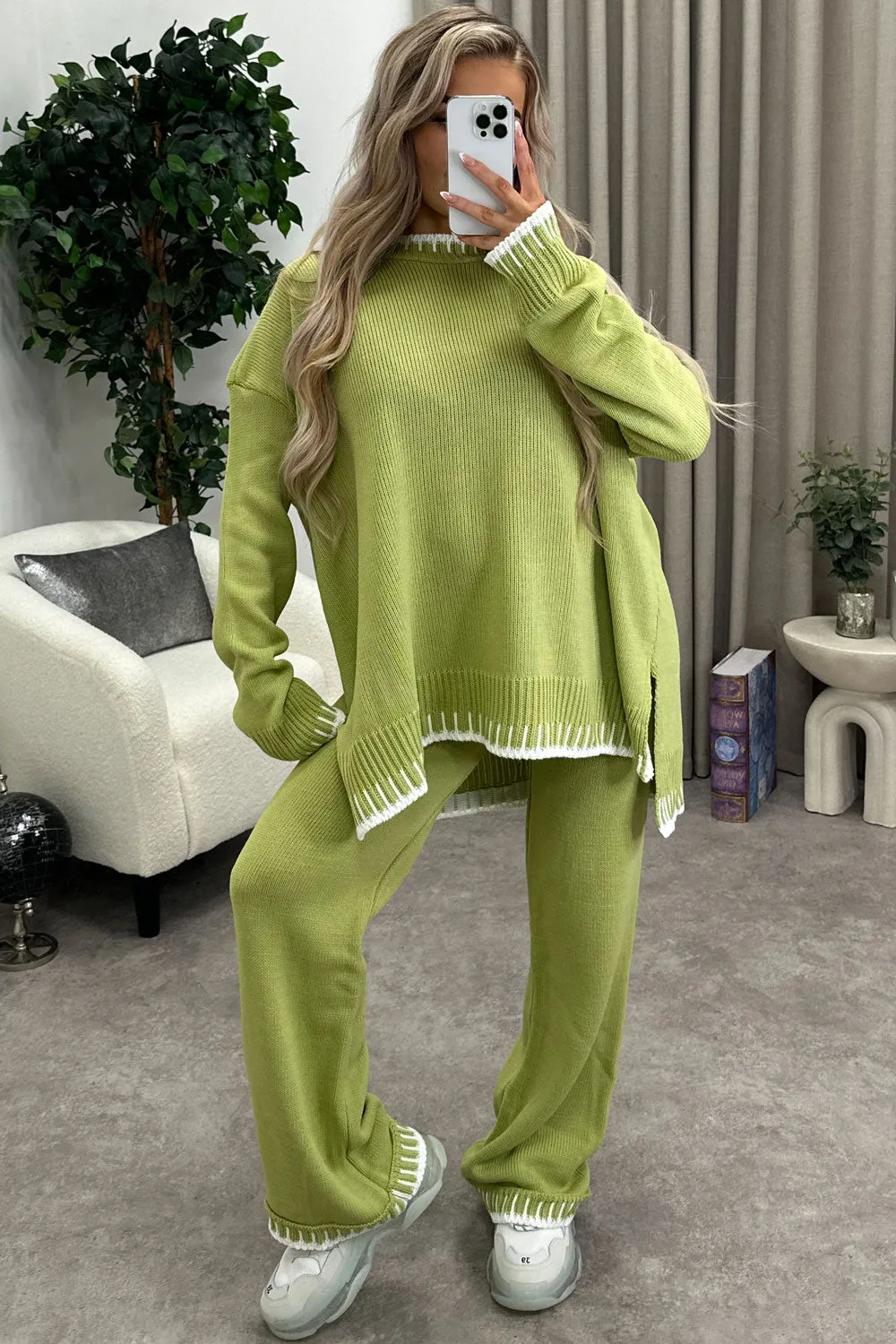 Cloe Lime Green Contrast Trim Knitted Jumper and Wide Leg Trousers Co-Ord Set