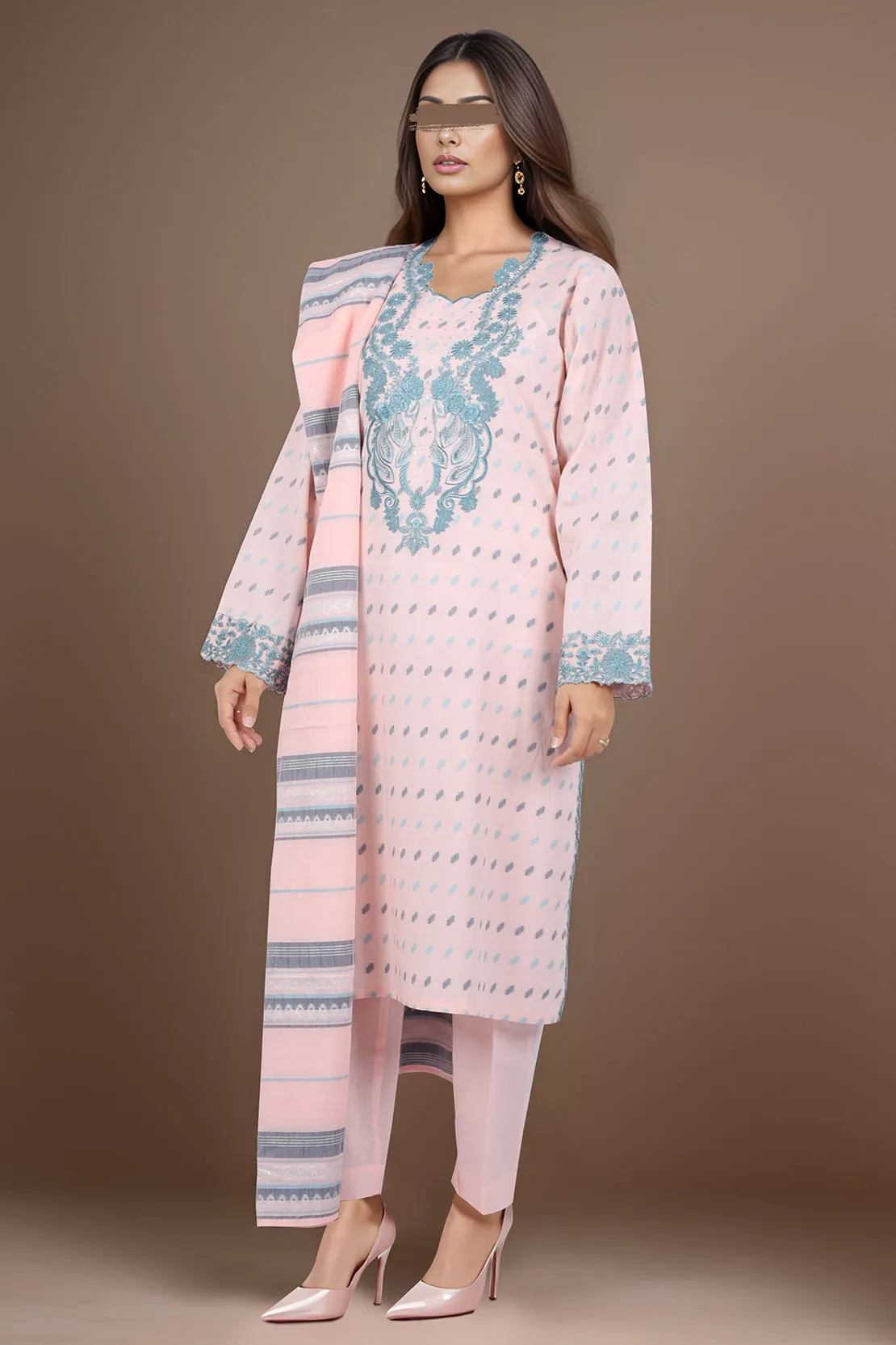 Cotton Jacquard Embroidered Stitched 3 Piece