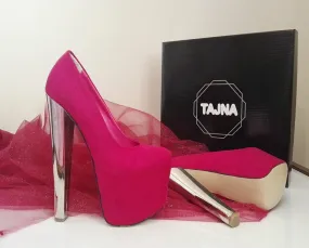 Dark Pink Suede Silver Metalic 19 cm High Heel Platform Shoes