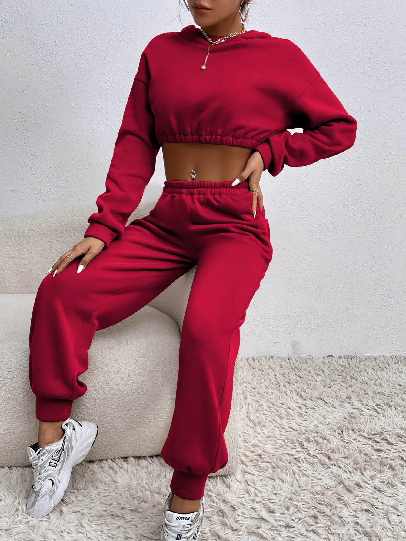 Drop Shoulder Crop Hoodie Sweatpants