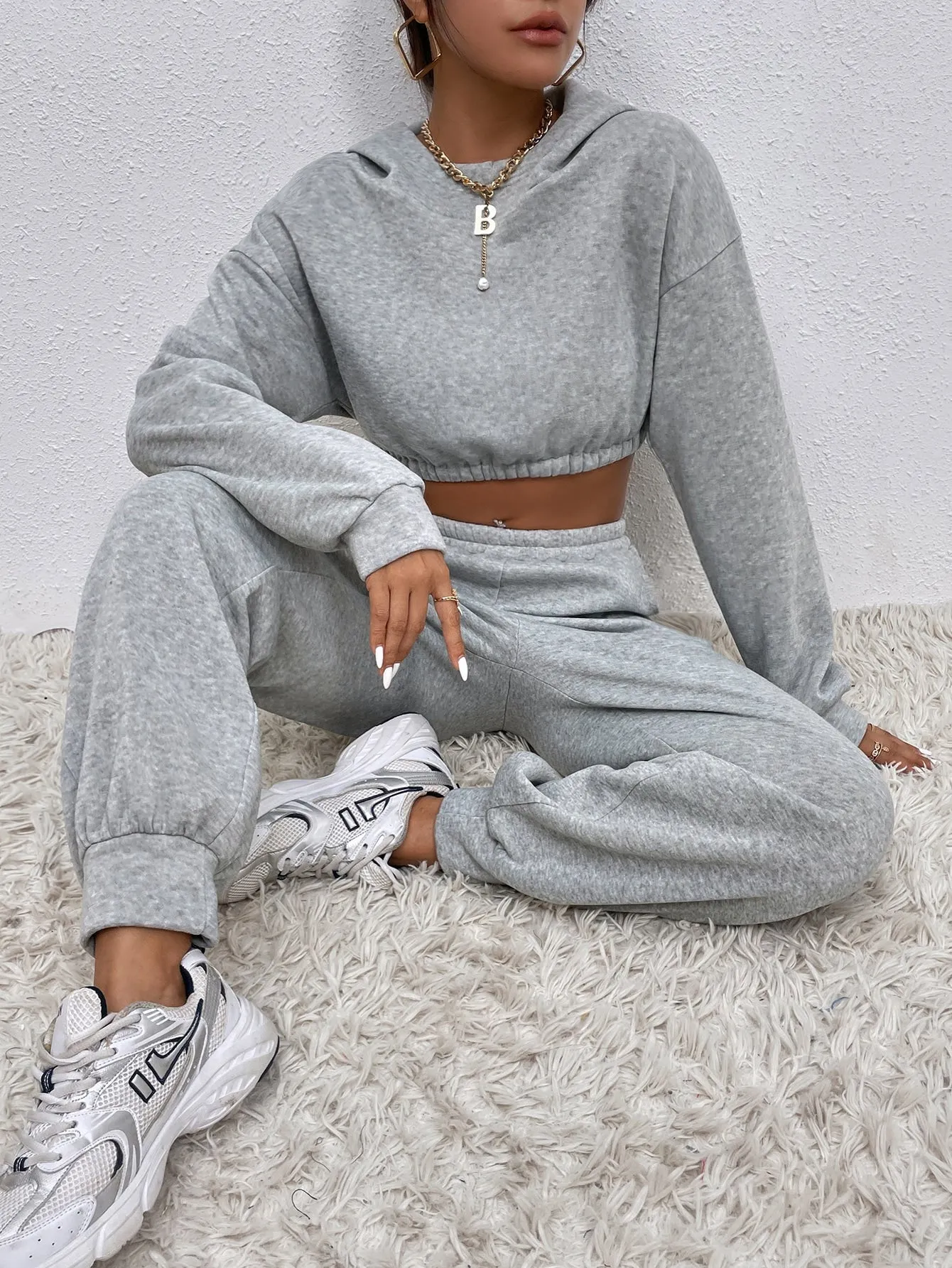 Drop Shoulder Crop Hoodie Sweatpants