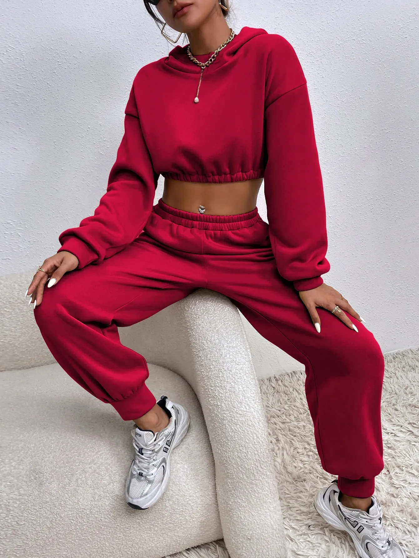 Drop Shoulder Crop Hoodie Sweatpants