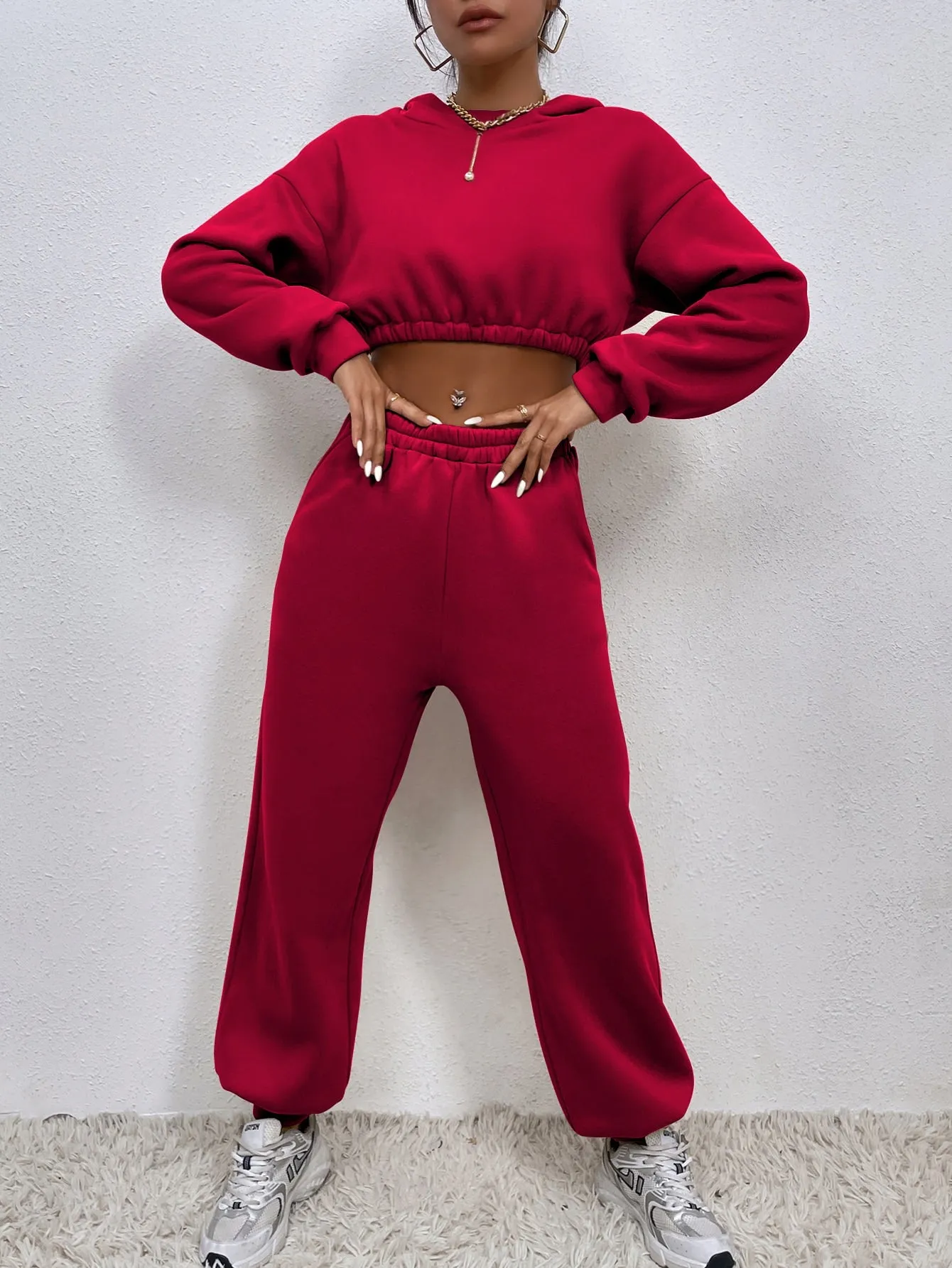 Drop Shoulder Crop Hoodie Sweatpants