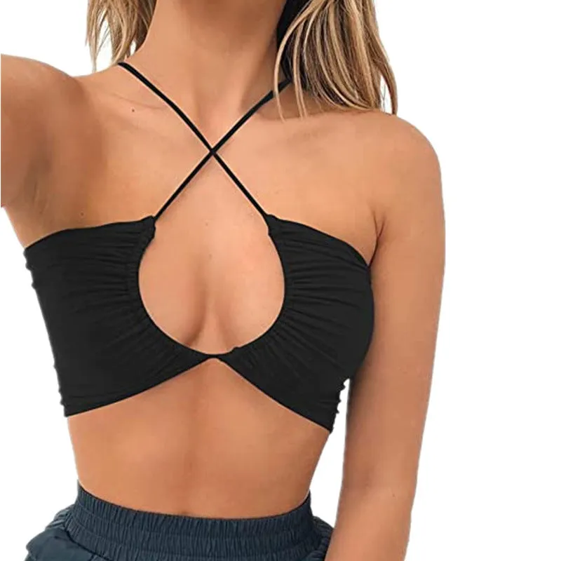 Elastic fitting Push Up Criss Cross Front Halter Wrap Top Lace Up Tie Back Cami