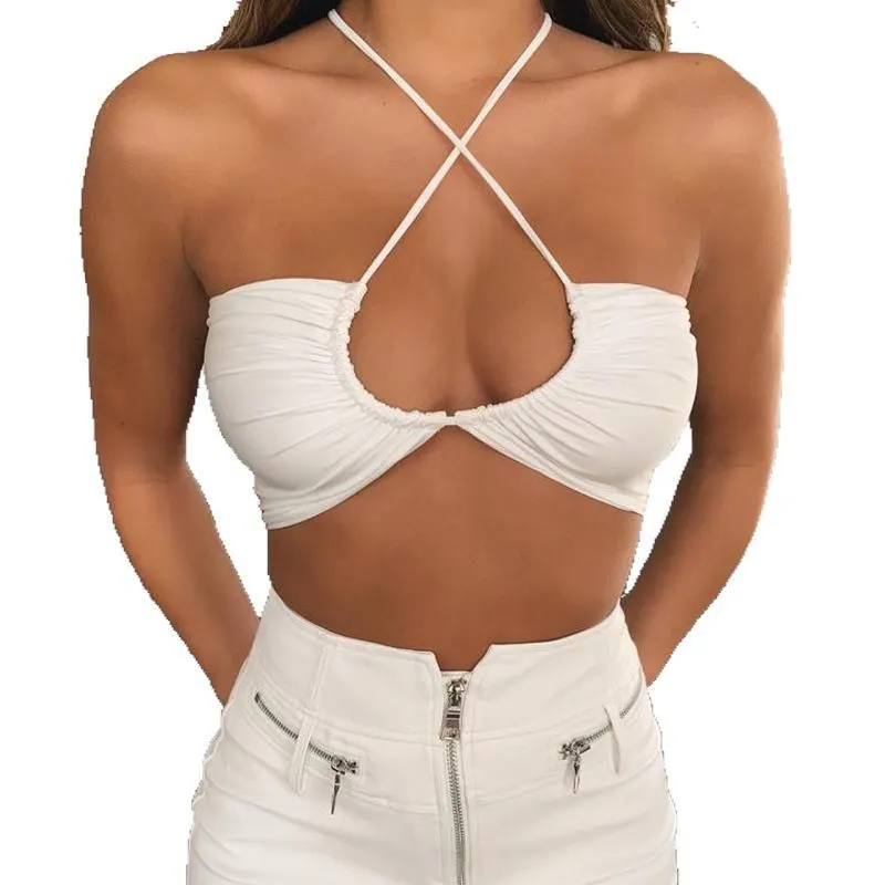 Elastic fitting Push Up Criss Cross Front Halter Wrap Top Lace Up Tie Back Cami