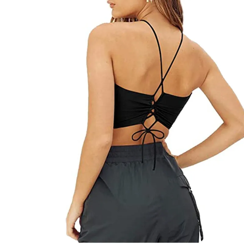 Elastic fitting Push Up Criss Cross Front Halter Wrap Top Lace Up Tie Back Cami