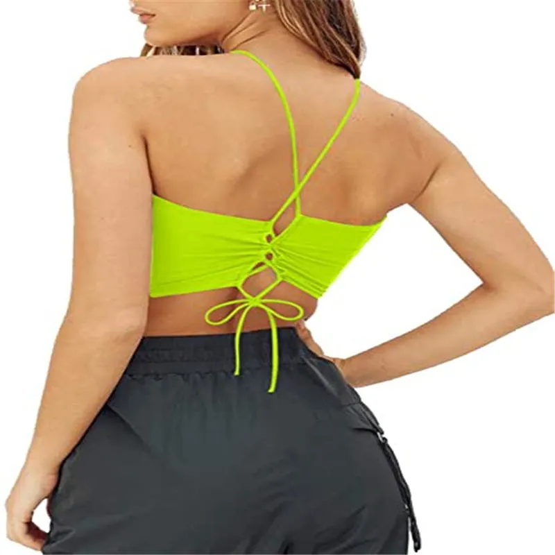 Elastic fitting Push Up Criss Cross Front Halter Wrap Top Lace Up Tie Back Cami