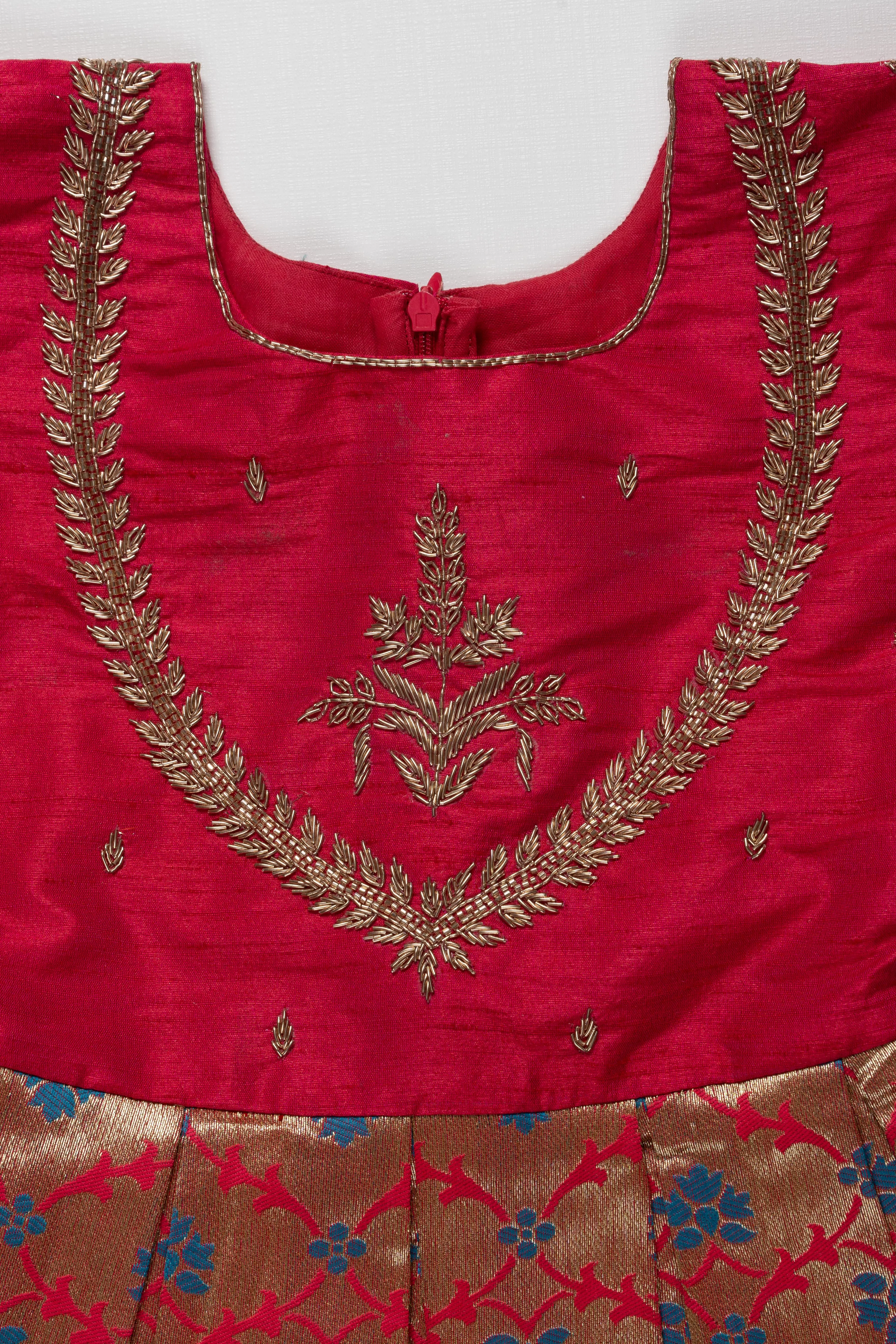 Elegant Maroon and Gold Pattu Silk Frock: Intricate Gold Embroidery with Floral Banarasi Design for Girls