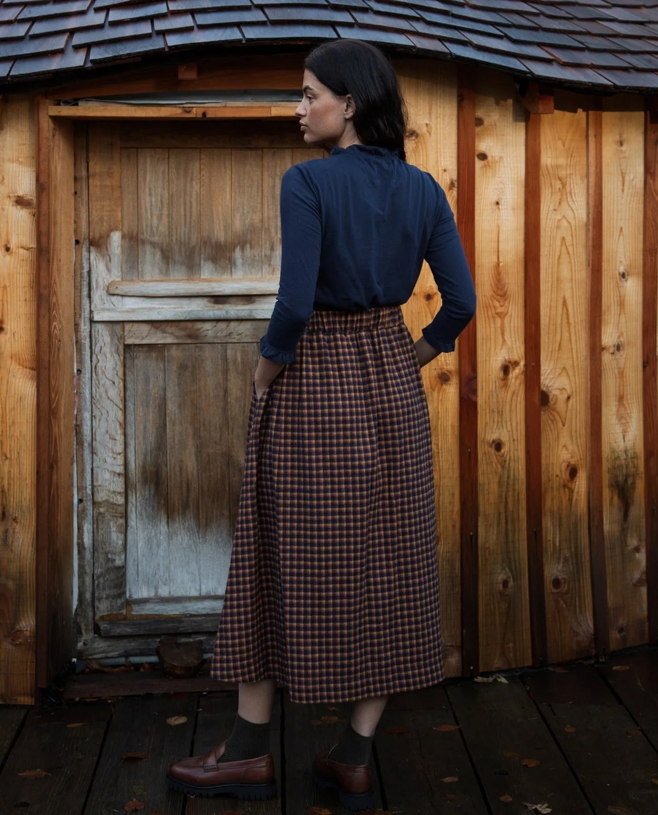 Ellery-Cay Organic Cotton Brushed Twill Skirt in Navy and Mustard Check