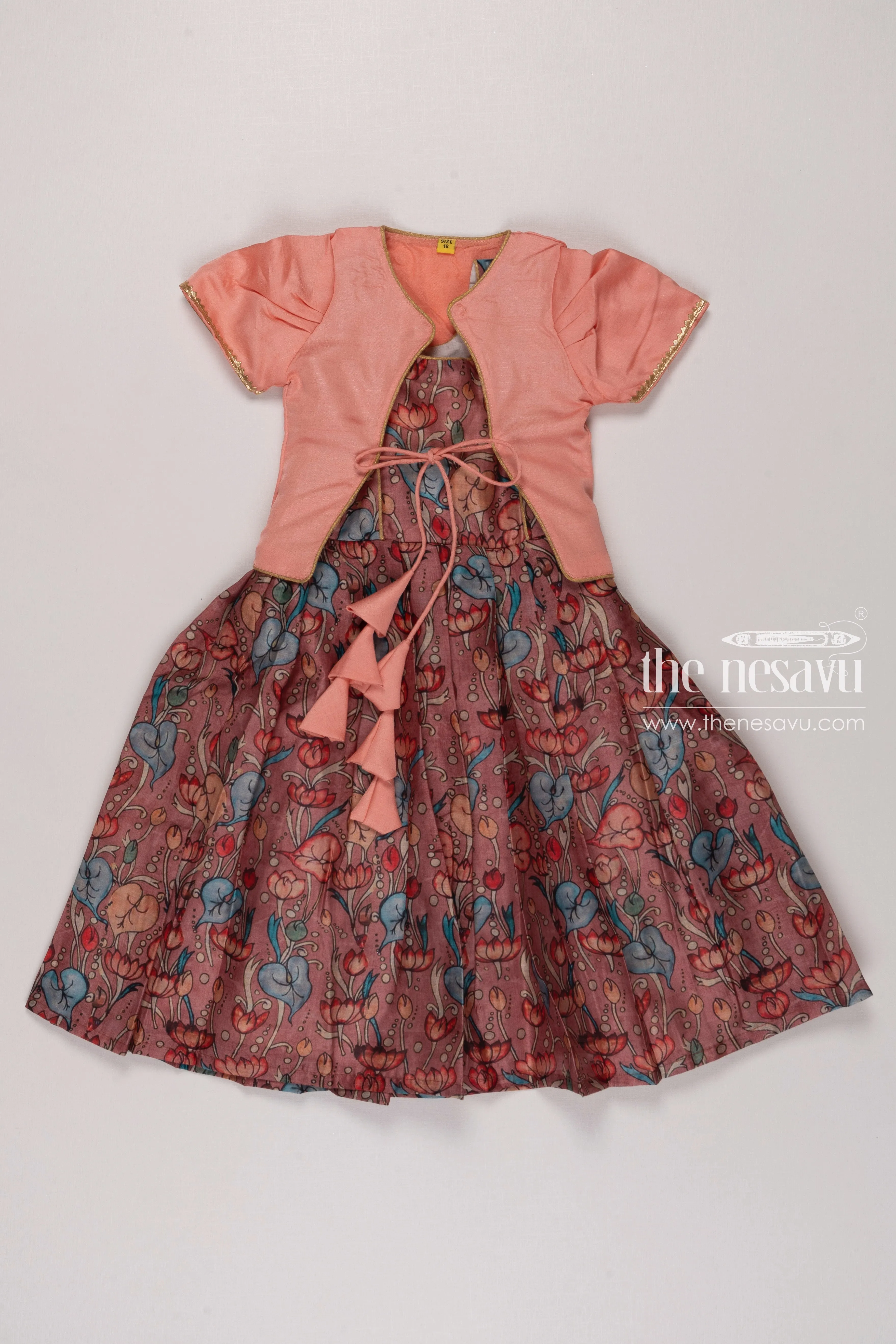 Enchanted Garden: Mauve Anarkali Gown with Delicate Kalamkari Prints & Pink Overcoat