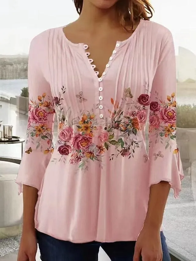 Floral Print Women's Blouse with 3/4 Length Sleeves and Regular Fit