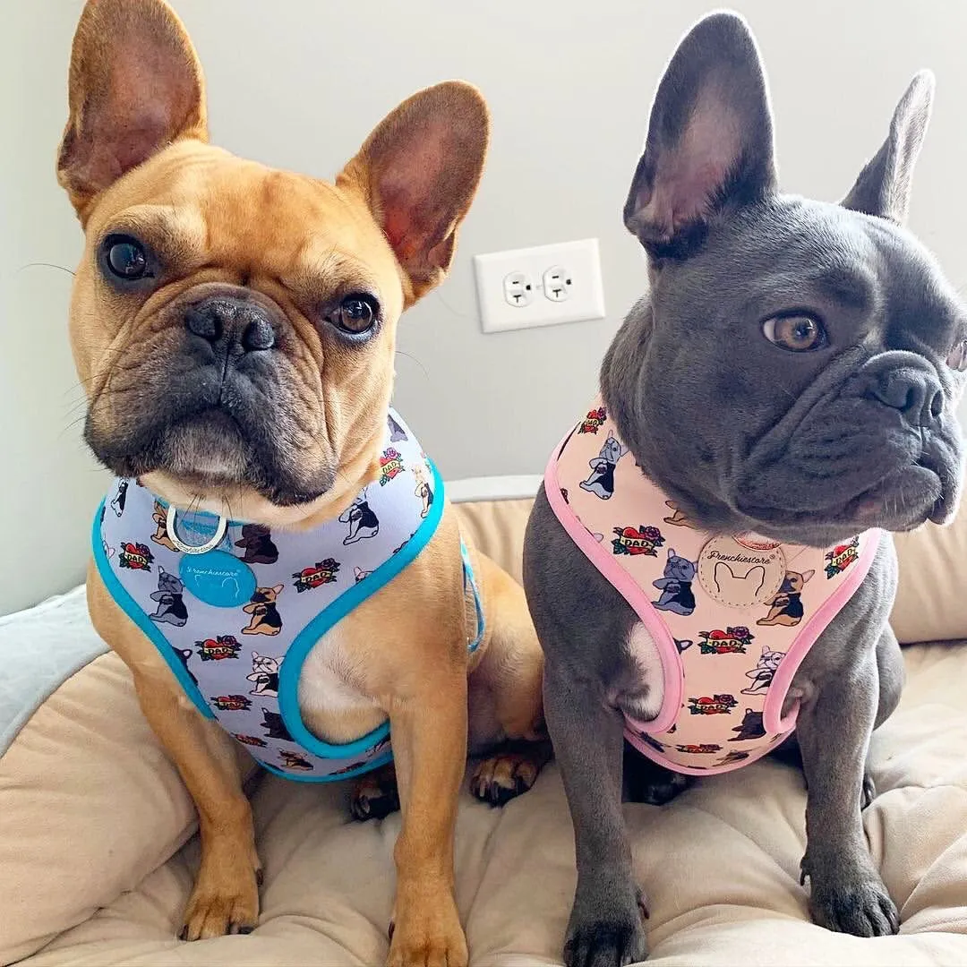 Frenchiestore Reversible Dog Health Harness | This Frenchie loves Mom/Dad in pink and tan