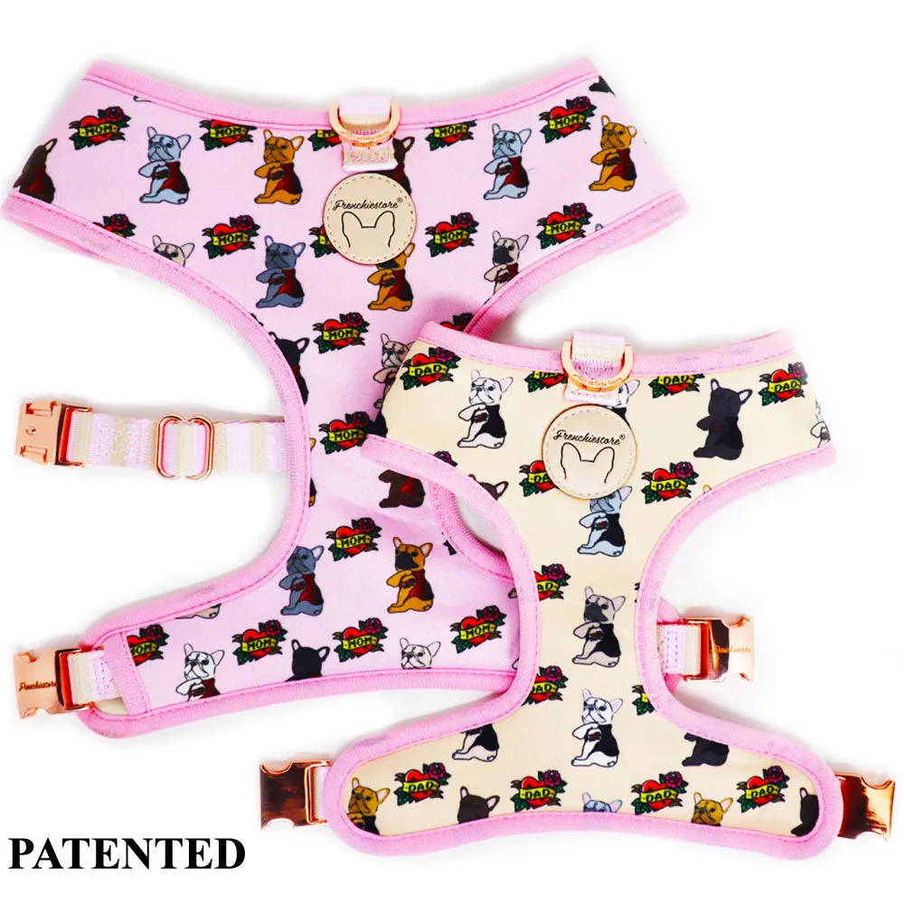 Frenchiestore Reversible Dog Health Harness | This Frenchie loves Mom/Dad in pink and tan