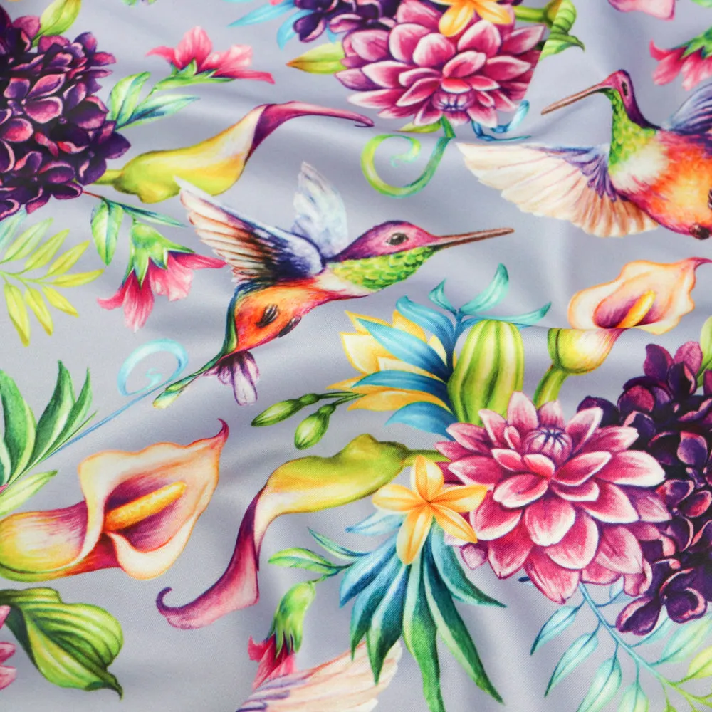 FS1006 Humming Bird Floral Scuba Stretch Knit Fabric Lilac