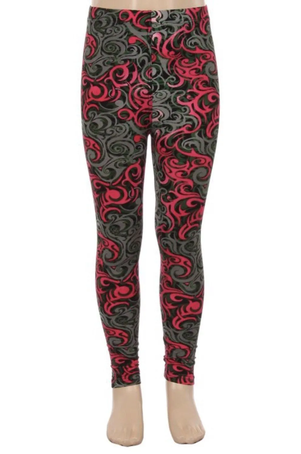 Girls Paisley Leggings, Kids Yoga Pants, Sizes S/L, No-Roll Waist, Pink/Gray