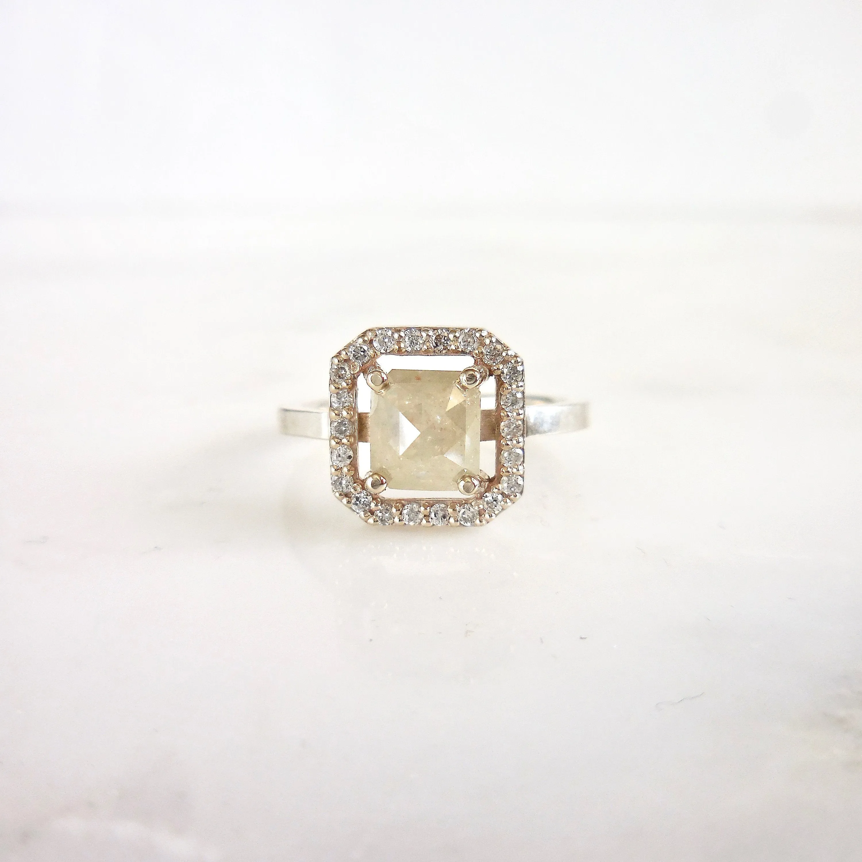 Gray Rose Cut Diamond Halo Ring - Unique Women's Diamond Ring - Rustic Diamond Ring