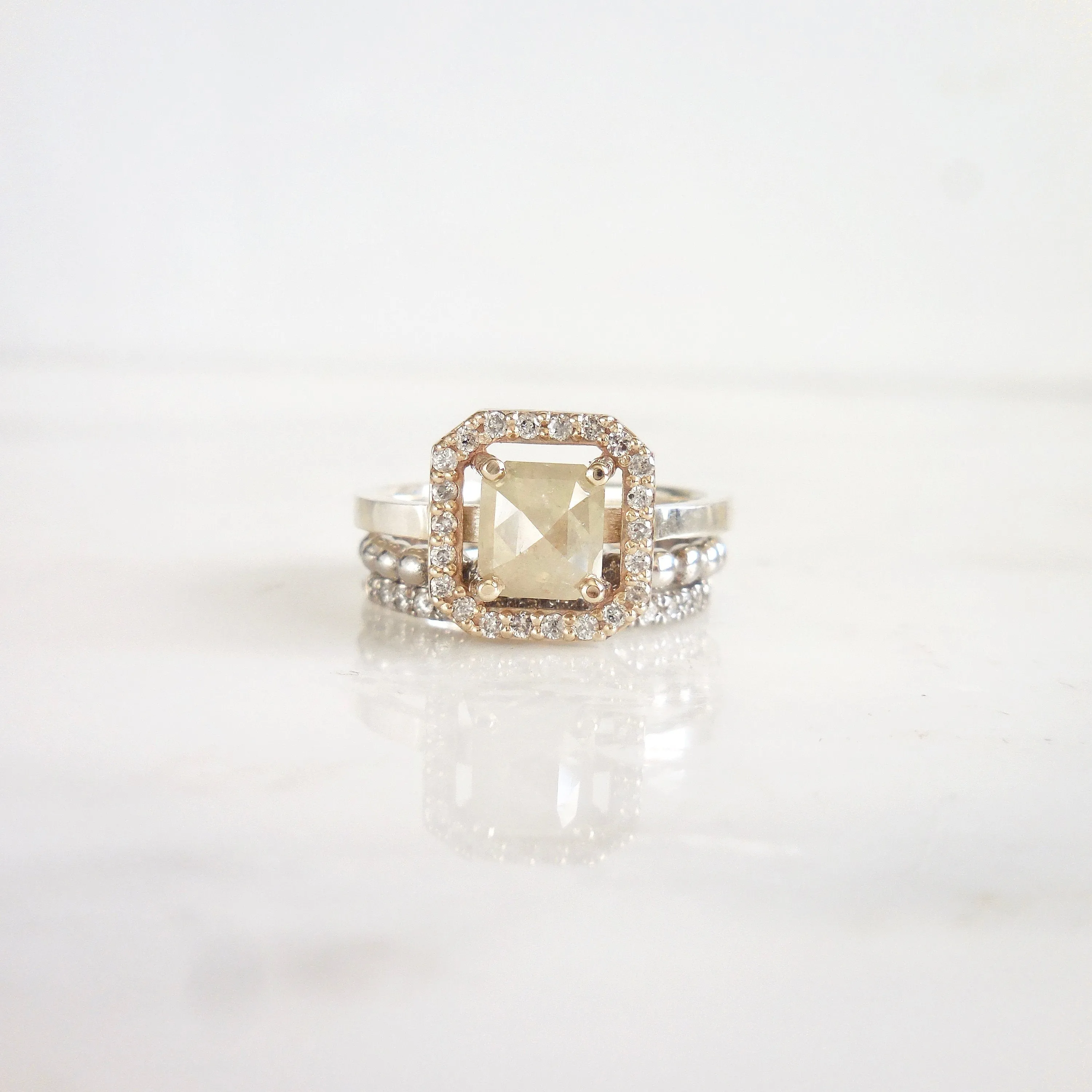 Gray Rose Cut Diamond Halo Ring - Unique Women's Diamond Ring - Rustic Diamond Ring