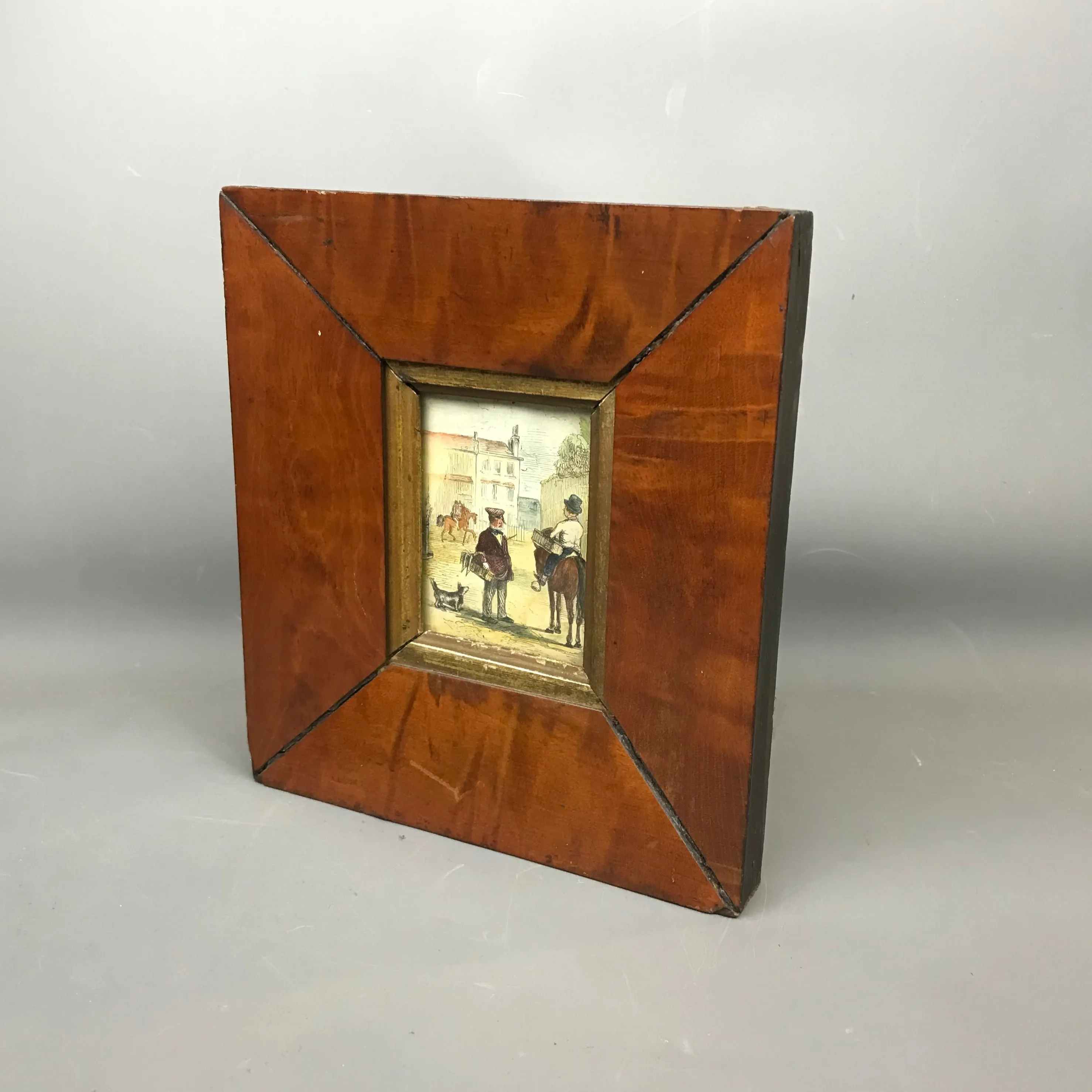 Hand Coloured Miniature Of Rural Horseback Scene In Maple Wood Frame Antique Victorian c1890