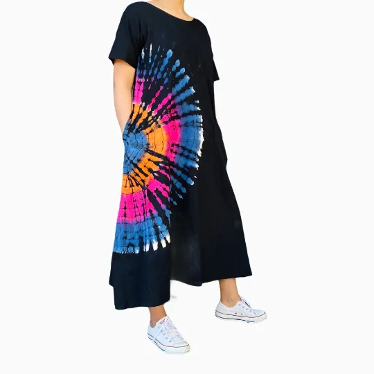 Hand Tyedye  Cotton Jersey Dress, Festival Maxi Dress,Boho Free Size Dress,Colorful Dress, Hippie Fashion,Sundress,Long Tiedye Loose Dress