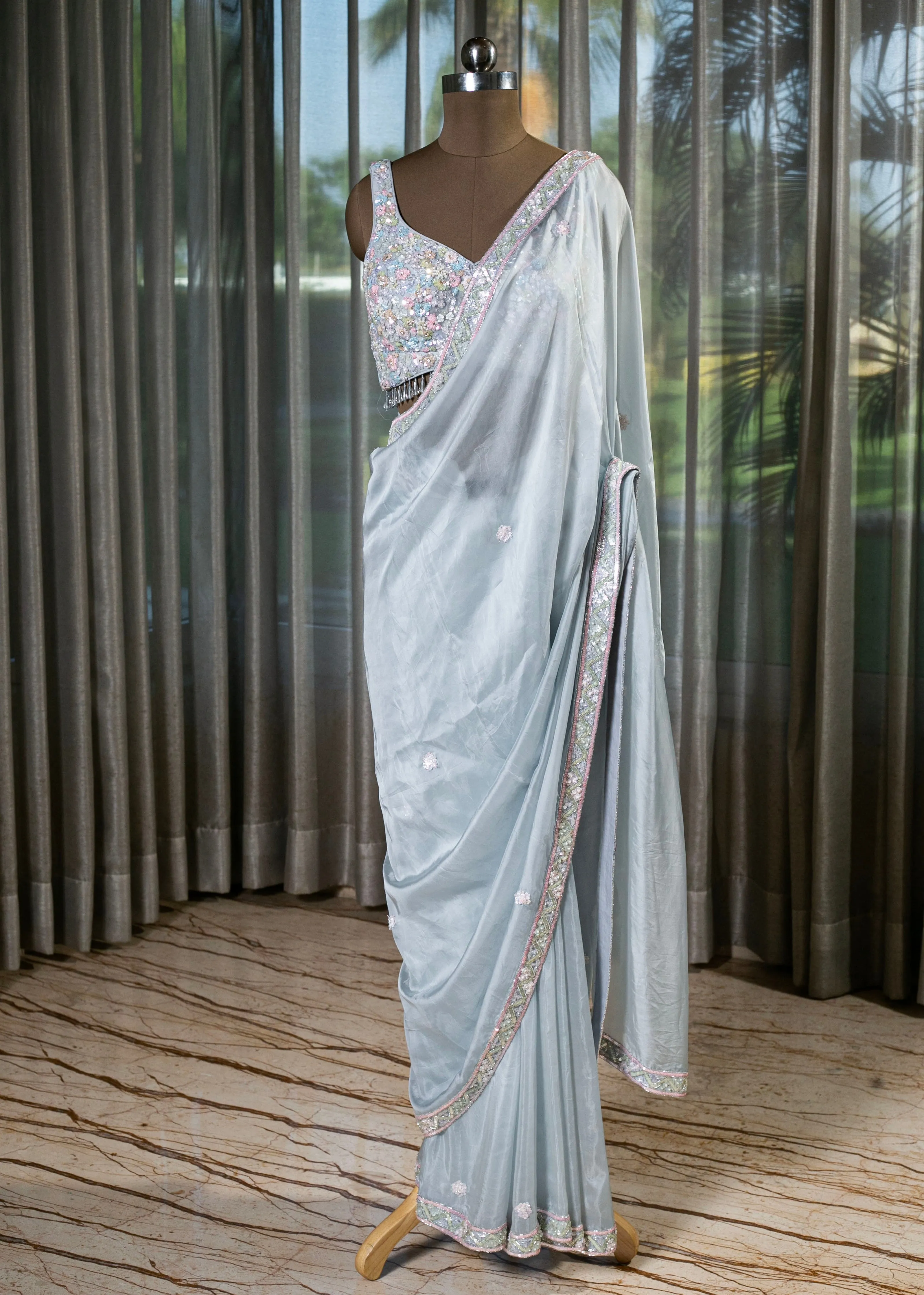 Handcrafted Ice Blue Organza Georgette Saree .