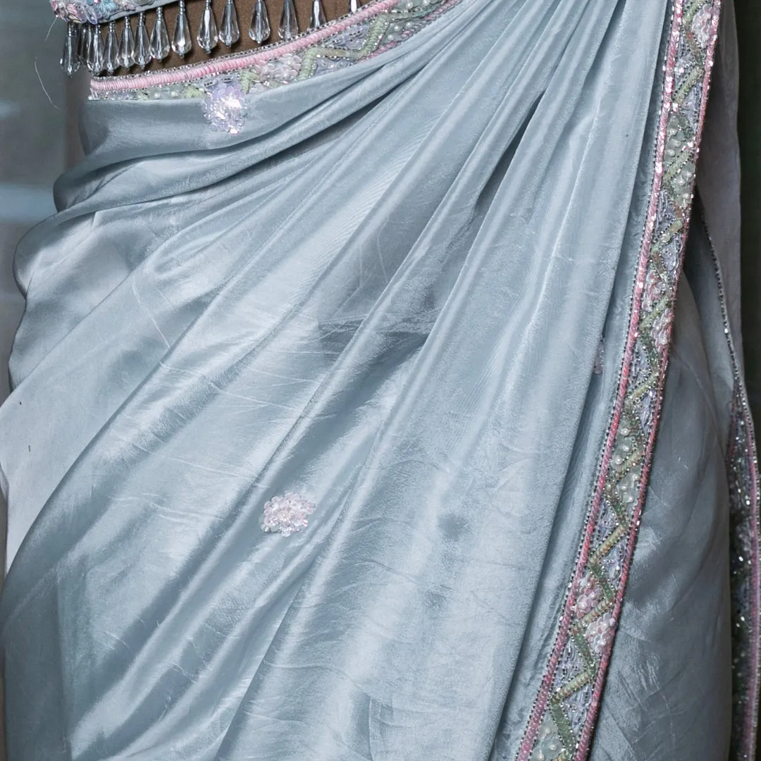 Handcrafted Ice Blue Organza Georgette Saree .