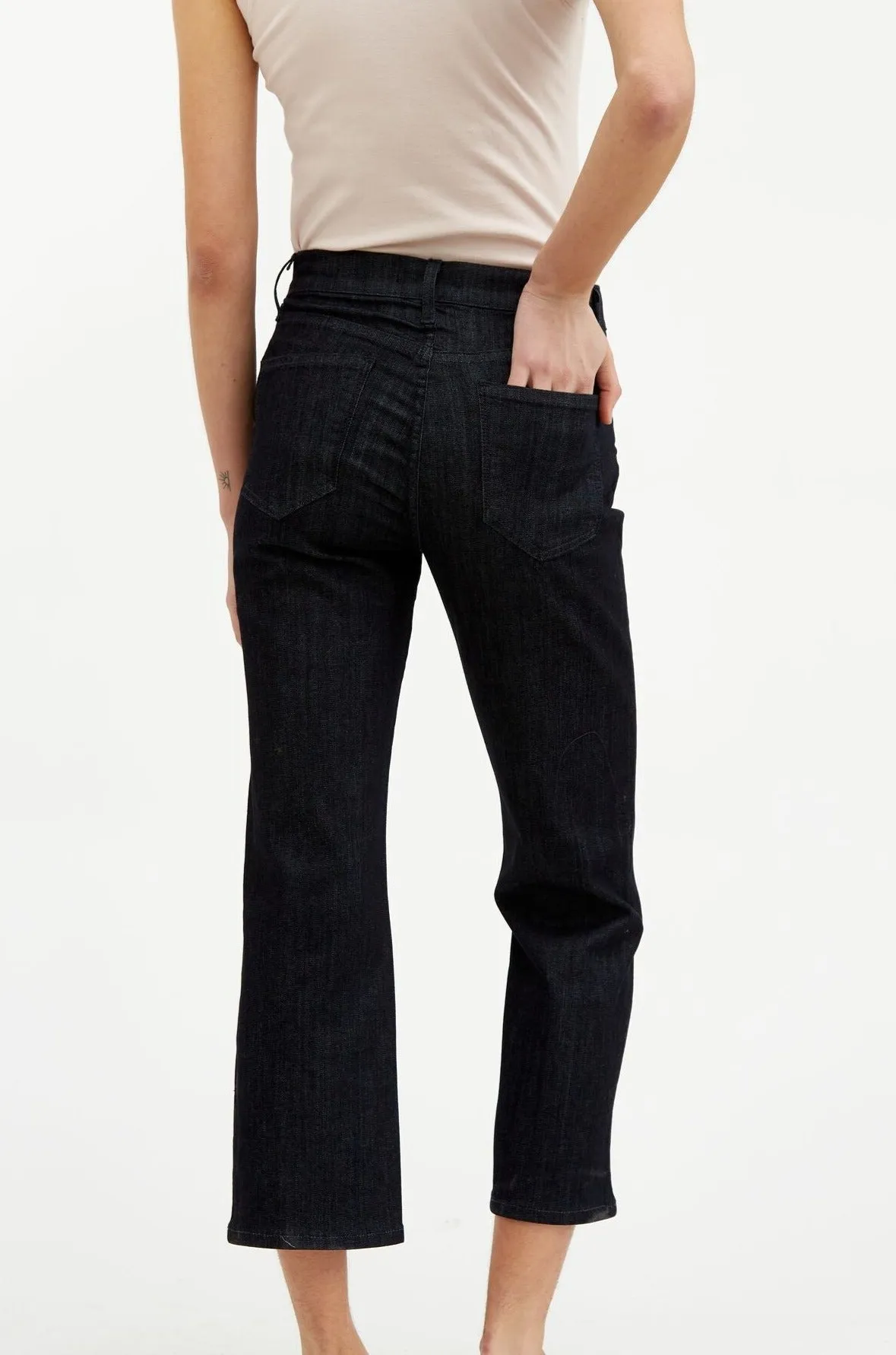 HIGH RISE SOFT FLARE CROP-CUT FIVE POCKET PANT IN DARK WASH DENIM