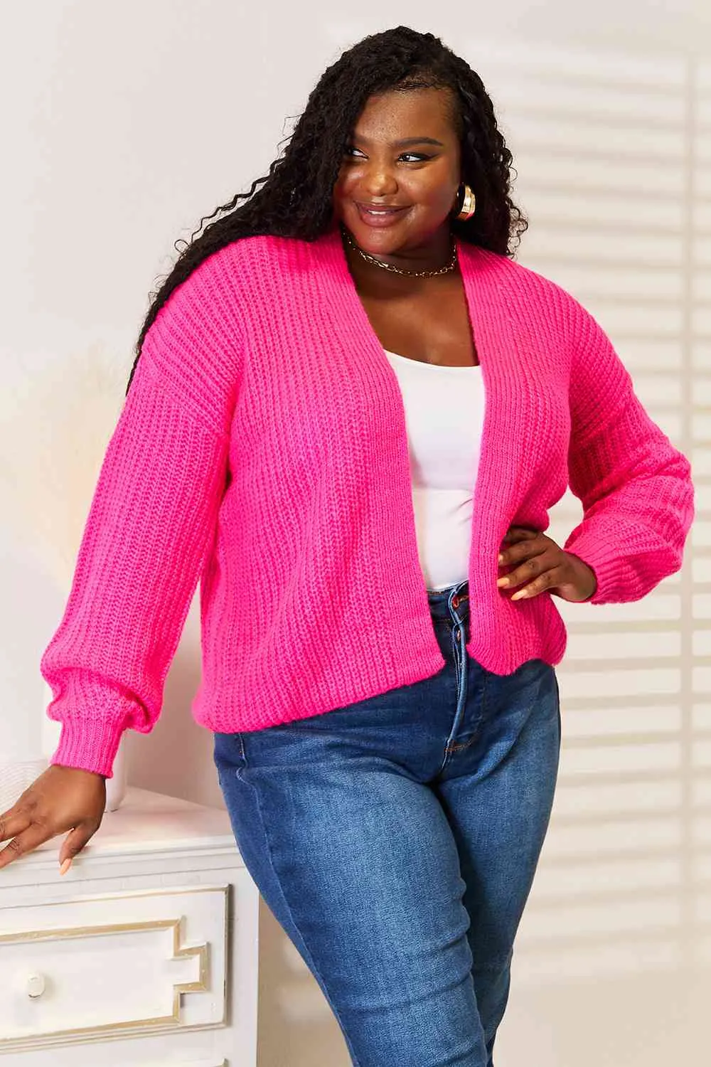 Hot Pink Rib-Knit Open Front Drop Shoulder Cardigan