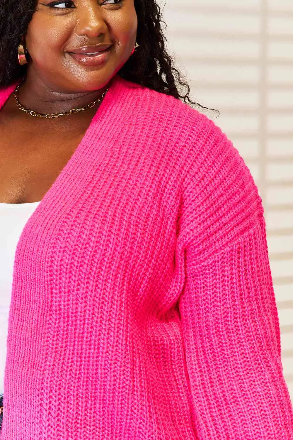 Hot Pink Rib-Knit Open Front Drop Shoulder Cardigan