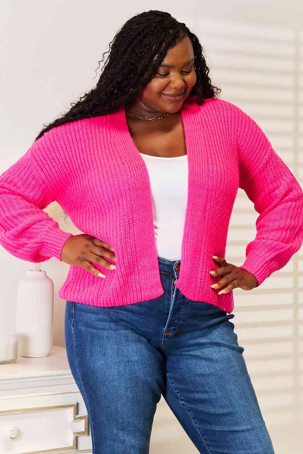 Hot Pink Rib-Knit Open Front Drop Shoulder Cardigan