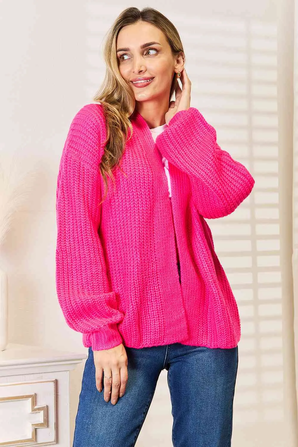 Hot Pink Rib-Knit Open Front Drop Shoulder Cardigan