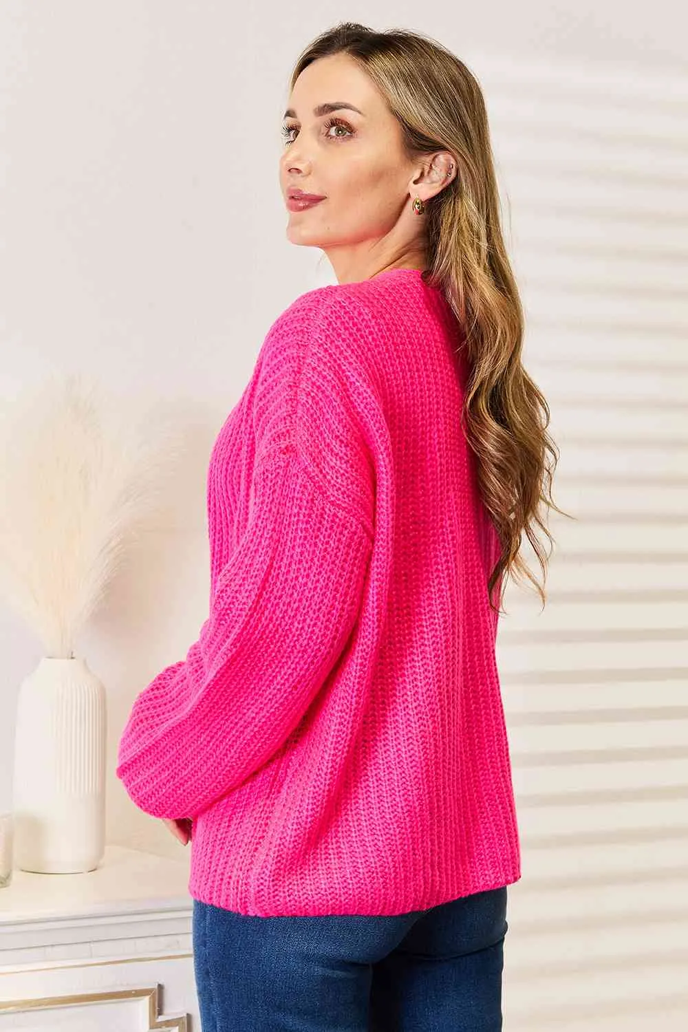 Hot Pink Rib-Knit Open Front Drop Shoulder Cardigan