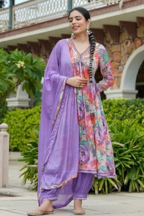 Lavender Rayon Floral Print Alia Cut Afghani Style Salwar Suit Set