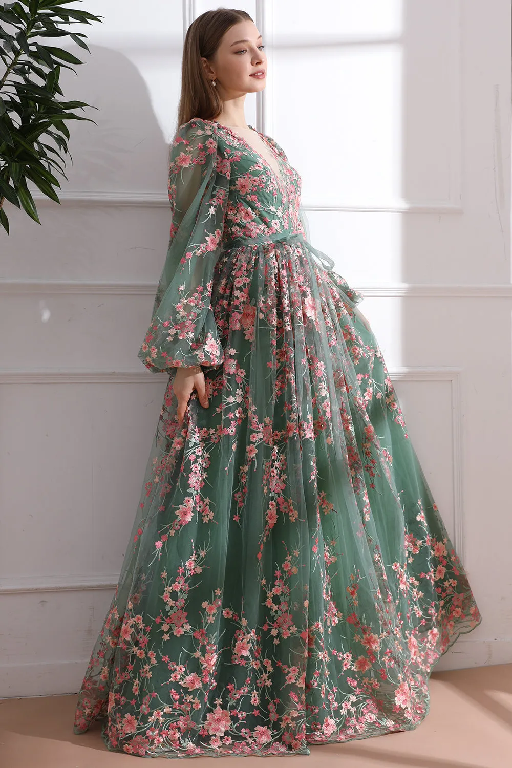 Long Sleeves O Neck Pink Floral Embroidery Sage Tulle Dress