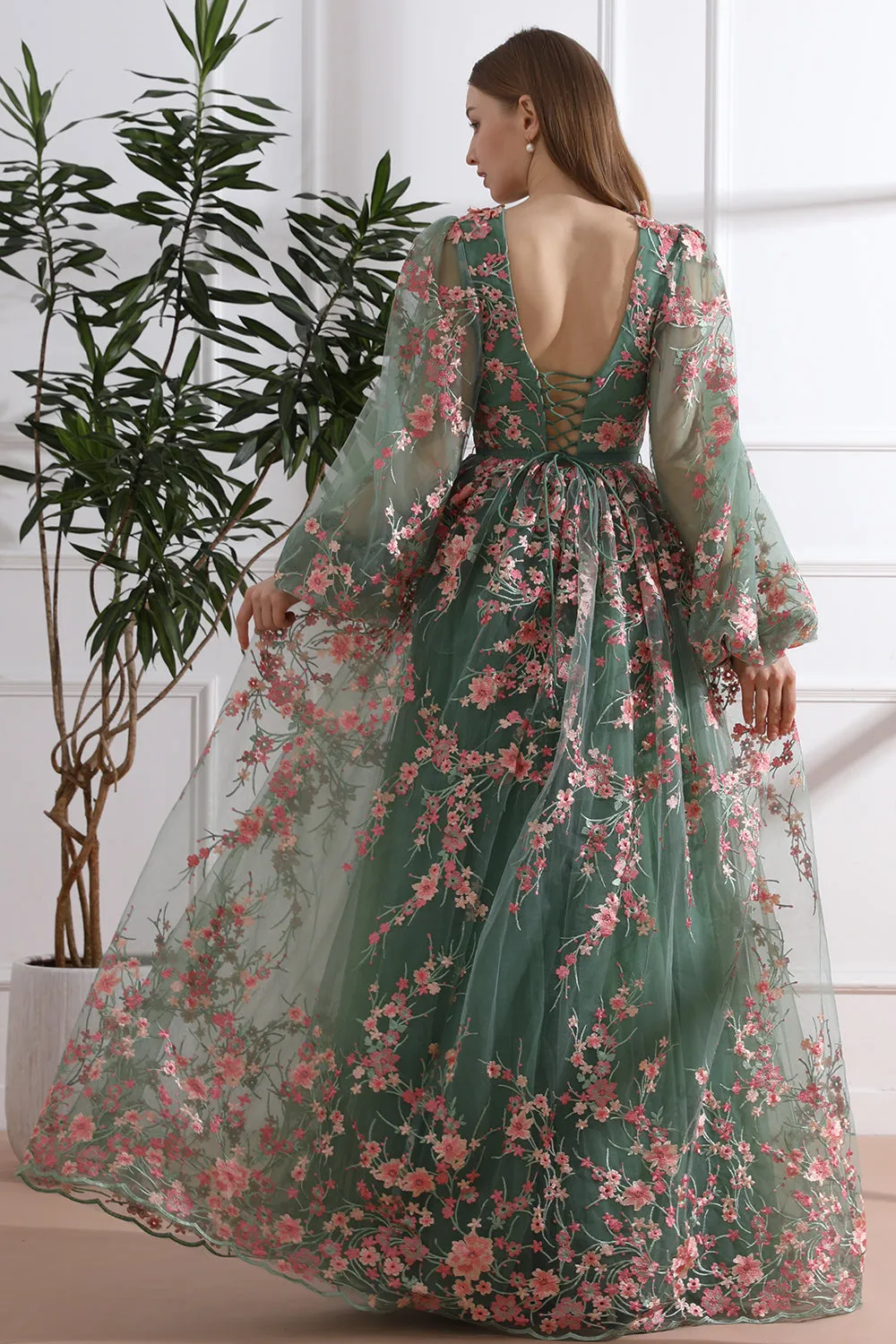 Long Sleeves O Neck Pink Floral Embroidery Sage Tulle Dress