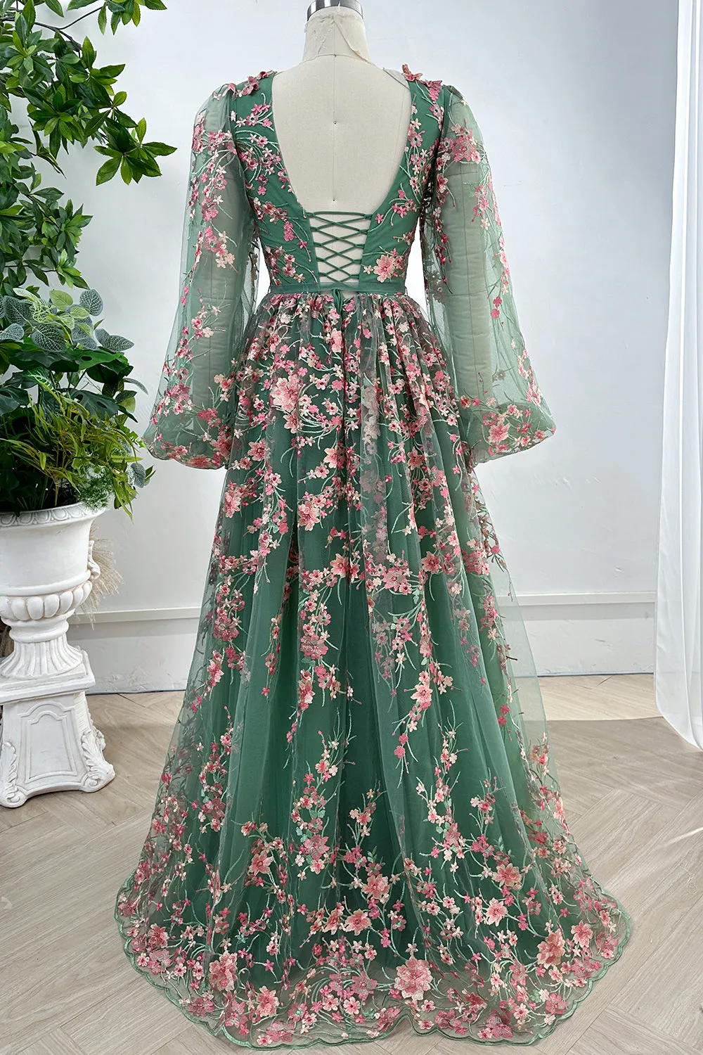 Long Sleeves O Neck Pink Floral Embroidery Sage Tulle Dress