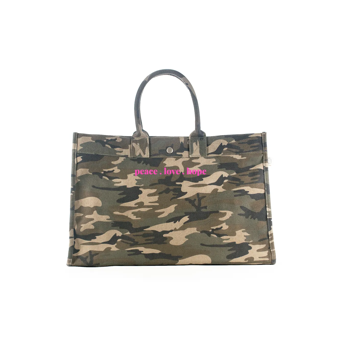 LOVE Collection: East West Bag Green Camo with Neon Pink Matte Peace. Love. Hope