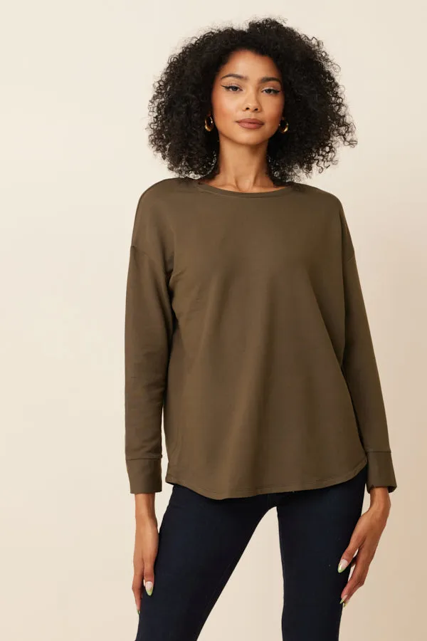 Majestic French Terry Semi-Relaxed Long Sleeve Crewneck in Kaki