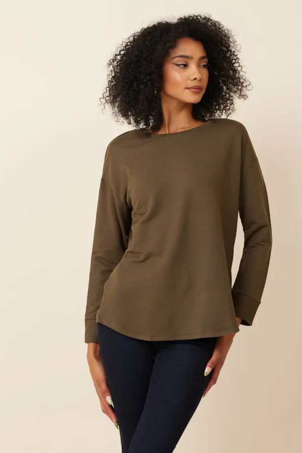 Majestic French Terry Semi-Relaxed Long Sleeve Crewneck in Kaki