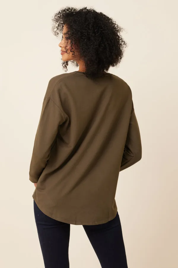 Majestic French Terry Semi-Relaxed Long Sleeve Crewneck in Kaki