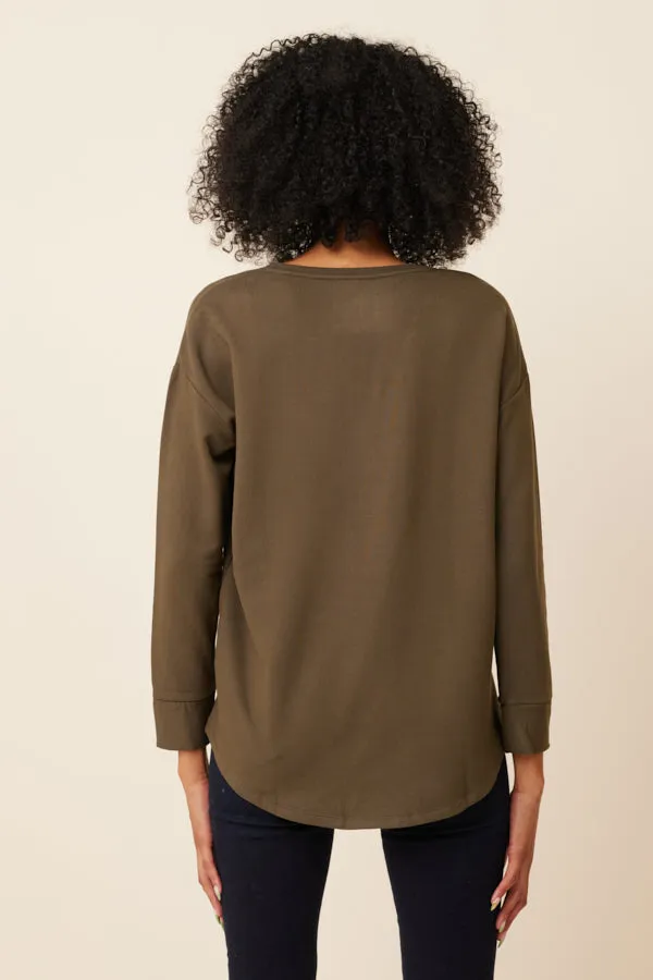 Majestic French Terry Semi-Relaxed Long Sleeve Crewneck in Kaki