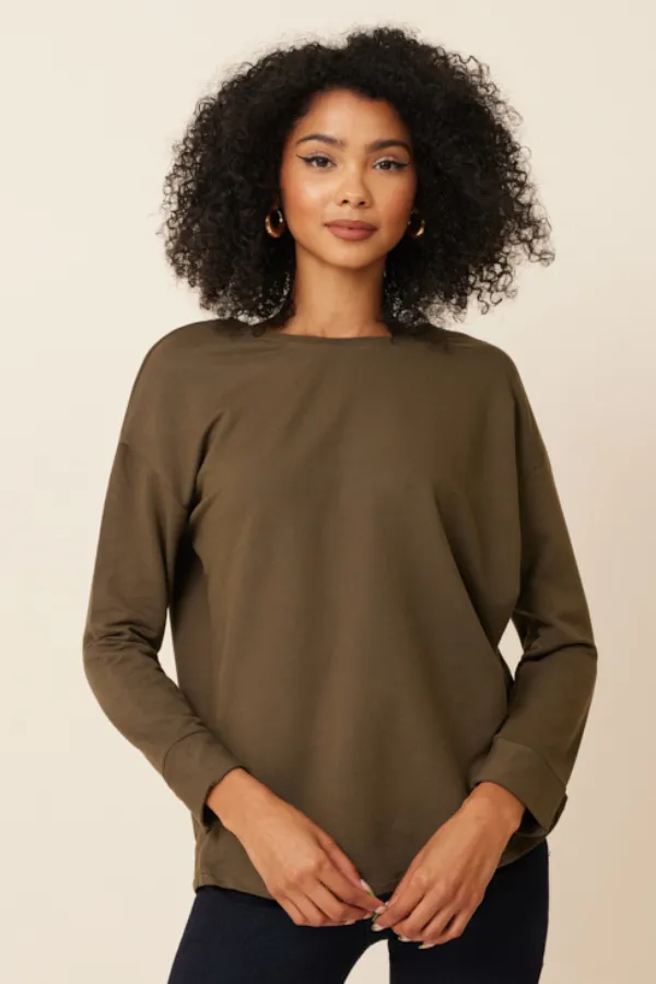 Majestic French Terry Semi-Relaxed Long Sleeve Crewneck in Kaki