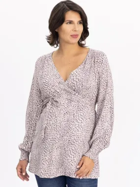 Maternity Wrap Blouse in Animal Print - Pink