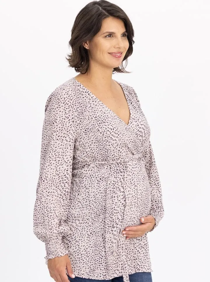 Maternity Wrap Blouse in Animal Print - Pink