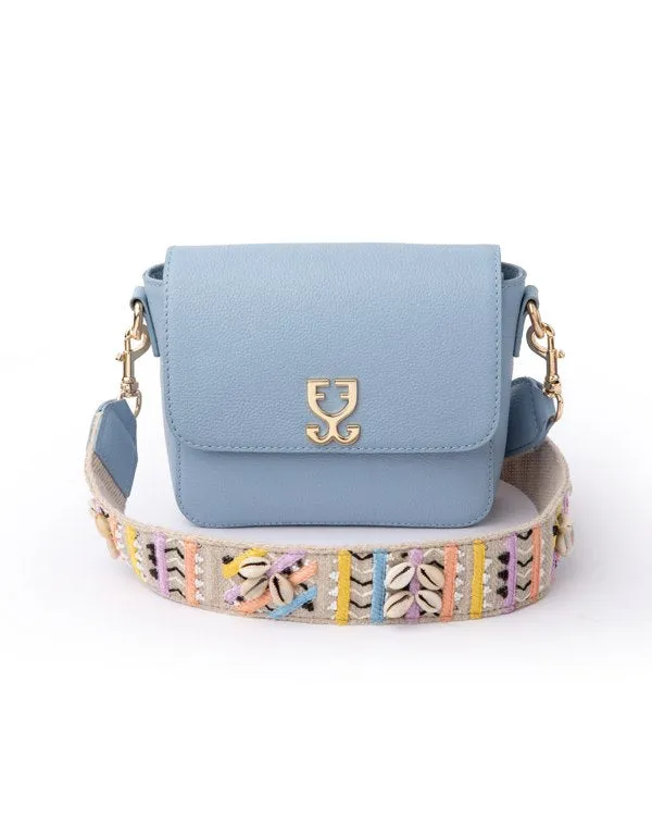 Mini Goblet Crossbody Leather : Stone Blue with Embroidered Strap