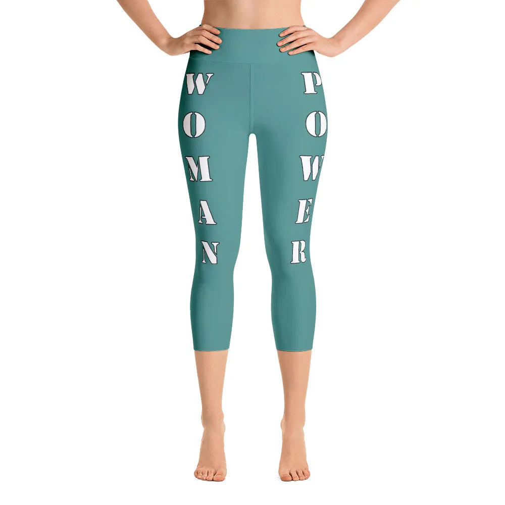 Our best viral yoga capri leggings with woman power - Teal Color with White Letters