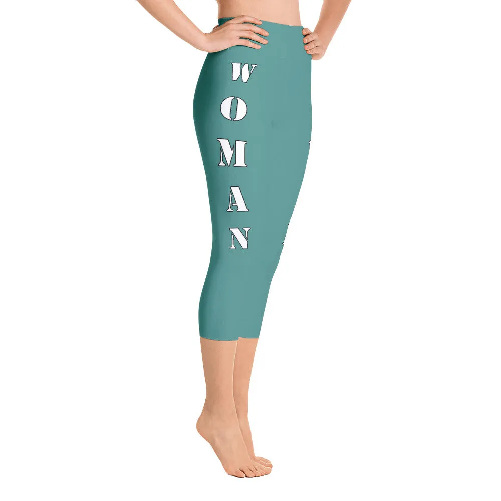 Our best viral yoga capri leggings with woman power - Teal Color with White Letters